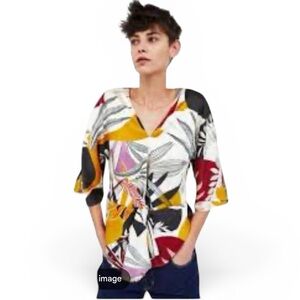 ZARA kimono sleeve tropical blouse twist front size Medium made in Morocco